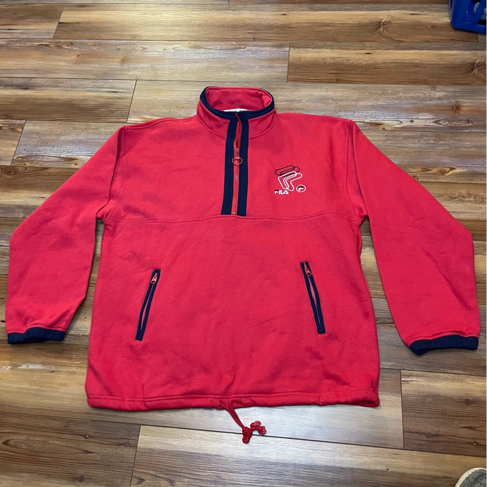 Vintage FILA 1/4 zip fleece pullover sweatshirt Logo zipper pockets Red